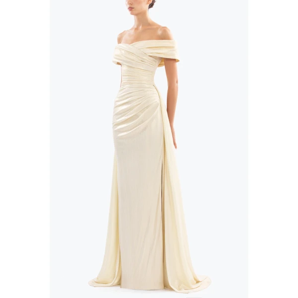 Saiid Kobeisy Gold Lame Off-Shoulder Dress, view 4