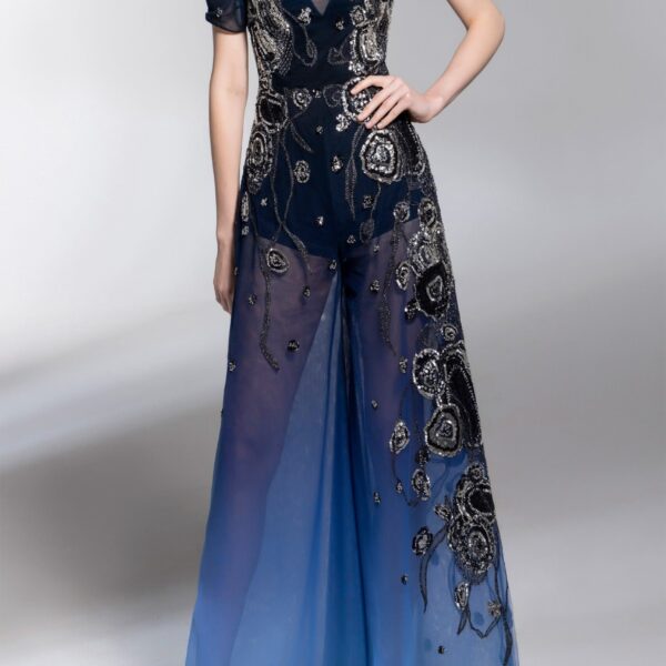 Gradient Printed Tulle Jumpsuit With Beading - Image 5