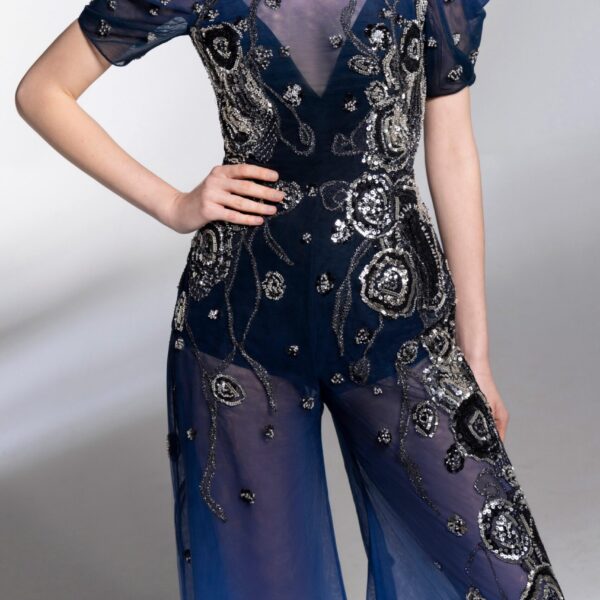 Gradient Printed Tulle Jumpsuit With Beading - Image 6