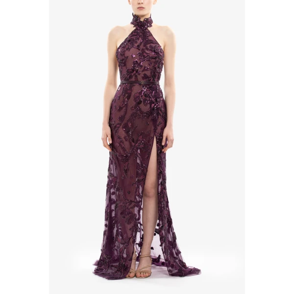 Saiid Kobeisy Halter Neck Embroidered Tulle Dress, view 2