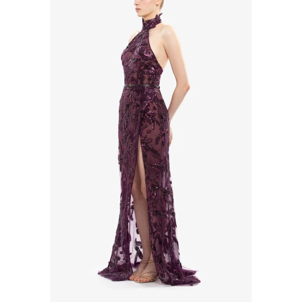 Saiid Kobeisy Halter Neck Embroidered Tulle Dress, view 3