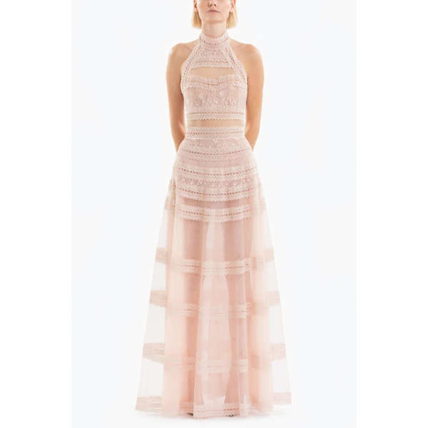Saiid Kobeisy Lace Striped Long Dress, view 5
