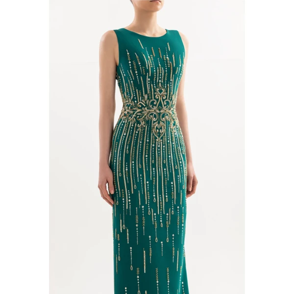Long Crepe Beaded Dress - Image 6