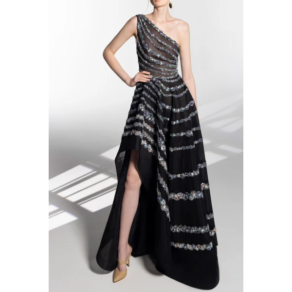Saiid Kobeisy One Shoulder Asymmetric Beaded Dress, view 5