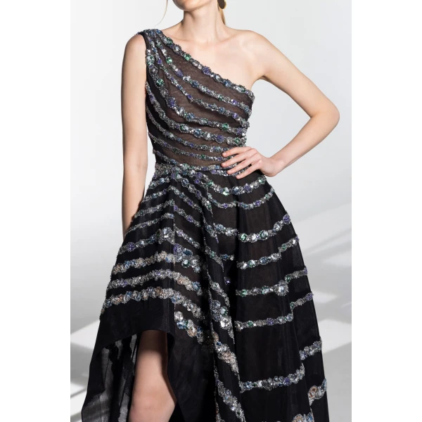 Saiid Kobeisy One Shoulder Asymmetric Beaded Dress, view 6