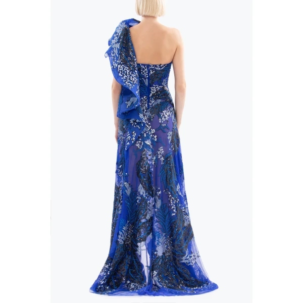 Saiid Kobeisy One-Shoulder Embroidered Long Dress, view 3