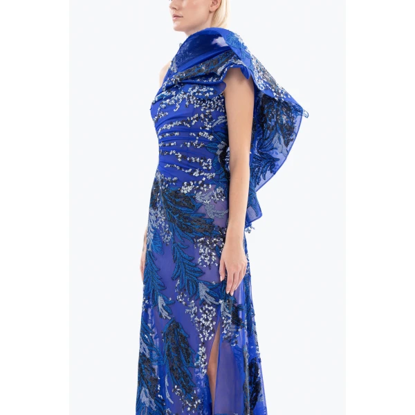 Saiid Kobeisy One-Shoulder Embroidered Long Dress, view 4