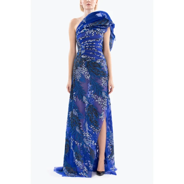 Saiid Kobeisy One-Shoulder Embroidered Long Dress, view 5