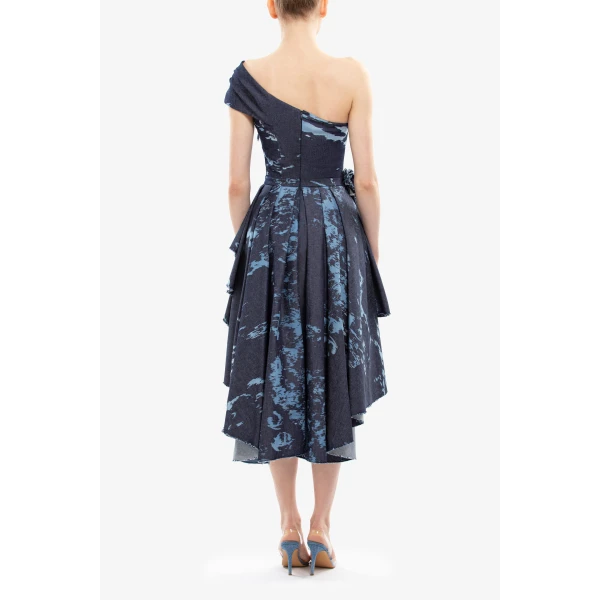 Saiid Kobeisy One-Shoulder Printed Denim Short Dress, view 6