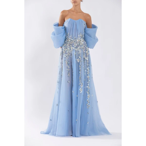 Saiid Kobeisy Organza Dress With Dotted Beading And Pleated Off-Shoulder Sleeves, view 2
