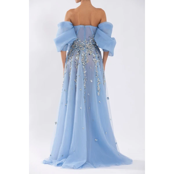 Saiid Kobeisy Organza Dress With Dotted Beading And Pleated Off-Shoulder Sleeves, view 3