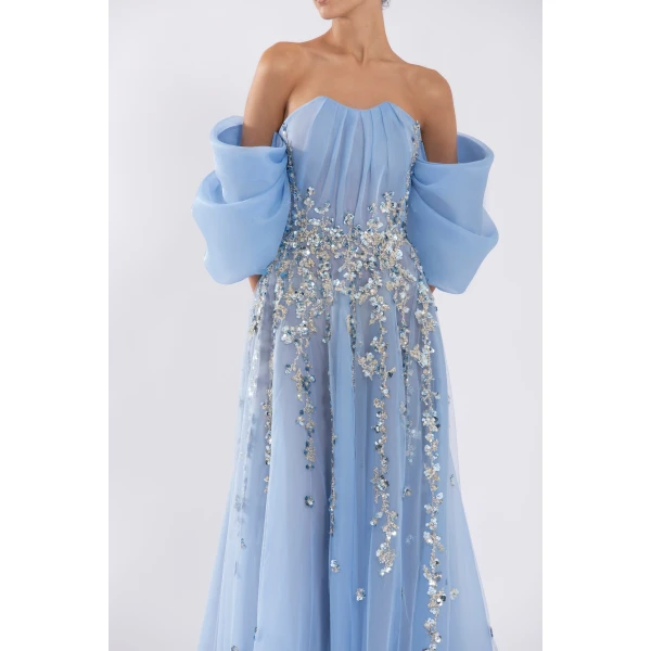 Saiid Kobeisy Organza Dress With Dotted Beading And Pleated Off-Shoulder Sleeves, view 4