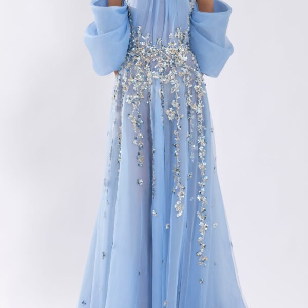 Organza Dress With Dotted Beading And Pleated Off-Shoulder Sleeves - Image 5
