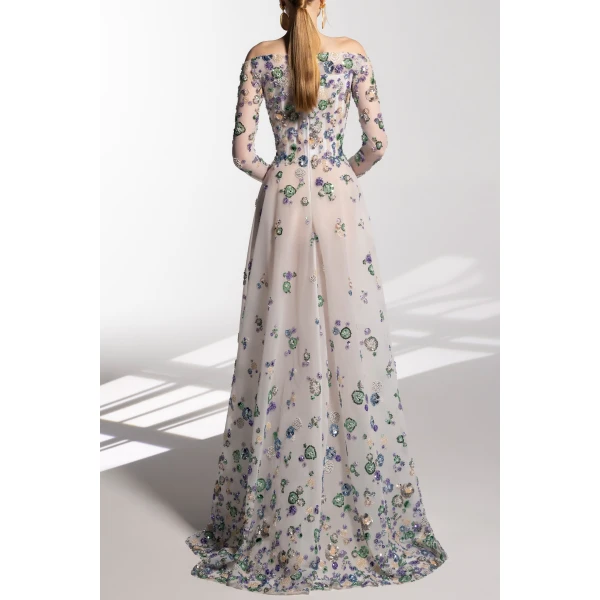 Saiid Kobeisy Tulle Beaded Dress With Off-Shoulder Sleeves, view 3