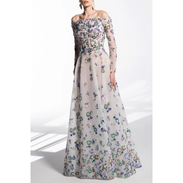 Saiid Kobeisy Tulle Beaded Dress With Off-Shoulder Sleeves, view 5