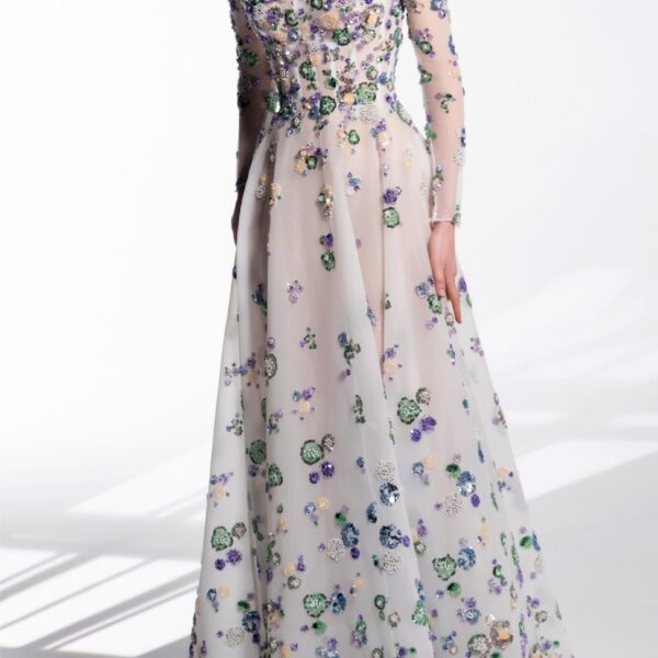 Tulle Beaded Dress With Off-Shoulder Sleeves - Image 5