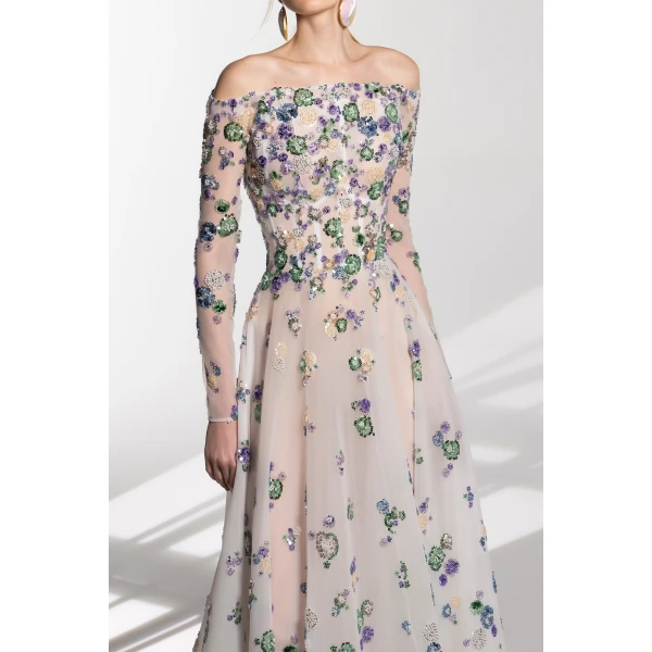 Saiid Kobeisy Tulle Beaded Dress With Off-Shoulder Sleeves, view 6