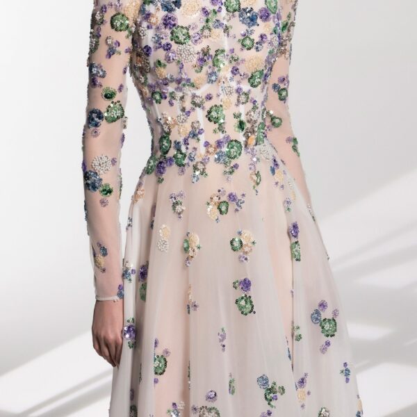 Tulle Beaded Dress With Off-Shoulder Sleeves - Image 6