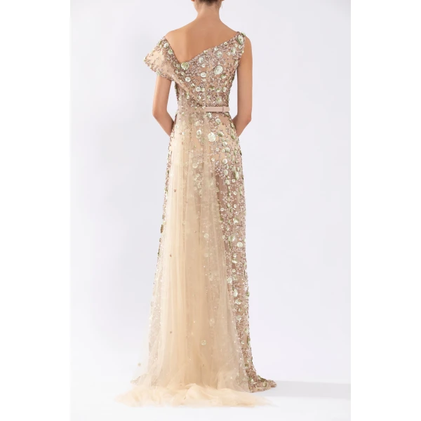 Saiid Kobeisy Tulle Dress With Envelope Skirt And Off-Shoulder Sleeves And Tulle Tail, view 3