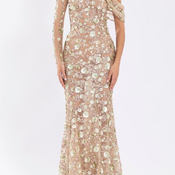 Tulle One-Shoulder Sleeve Dress With Dotted Beading - Image 5