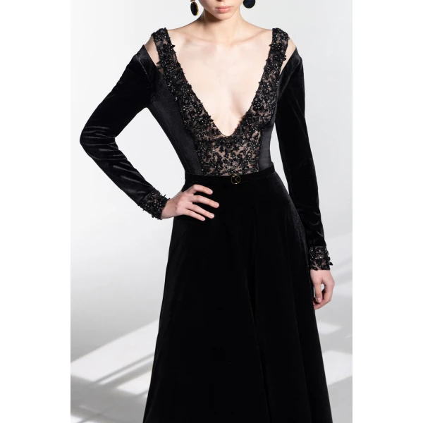 Saiid Kobeisy Velvet Flared Jumpsuit With A Beaded Top, view 4