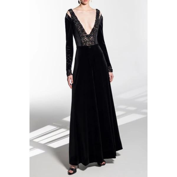 Saiid Kobeisy Velvet Flared Jumpsuit With A Beaded Top, view 5