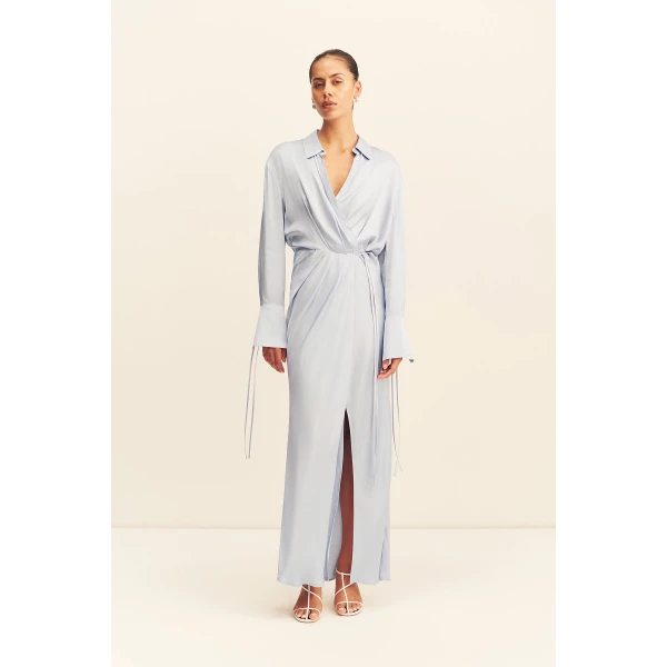 Shona Joy Agnes Draped Shirt Maxi Dress - Arcadian Blue - Dresses - Australian Luxury Eventwear at Coveti
