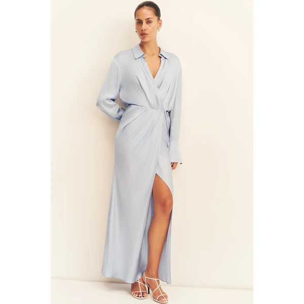 Shona Joy Agnes Draped Shirt Maxi Dress - Arcadian Blue - Dresses - Australian Luxury Eventwear at Coveti