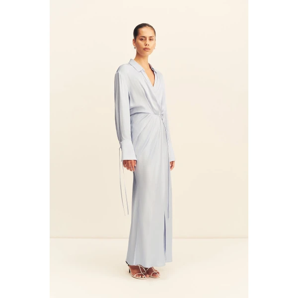 Shona Joy Agnes Draped Shirt Maxi Dress - Arcadian Blue - Dresses - Australian Luxury Eventwear at Coveti