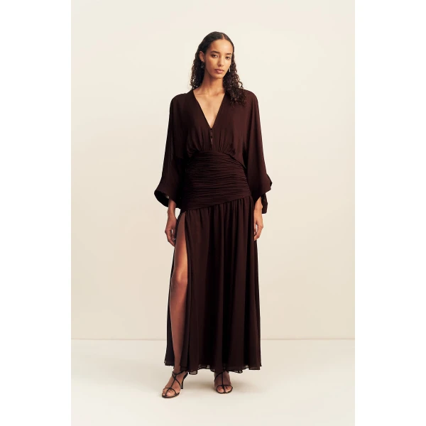 Shona Joy Amina Flared Sleeve Plunged Maxi Dress - Ristretto - Dresses - Australian Luxury Eventwear at Coveti