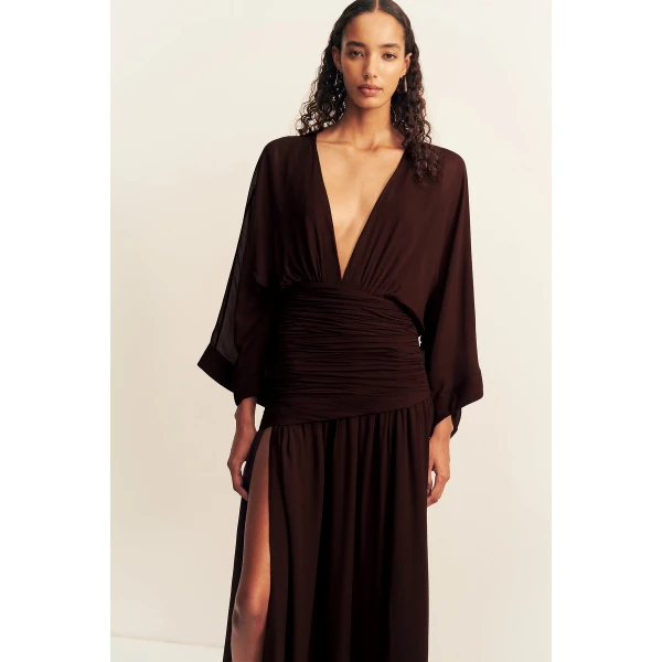 Shona Joy Amina Flared Sleeve Plunged Maxi Dress - Ristretto - Dresses - Australian Luxury Eventwear at Coveti