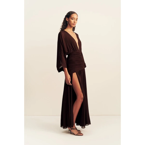 Shona Joy Amina Flared Sleeve Plunged Maxi Dress - Ristretto - Dresses - Australian Luxury Eventwear at Coveti