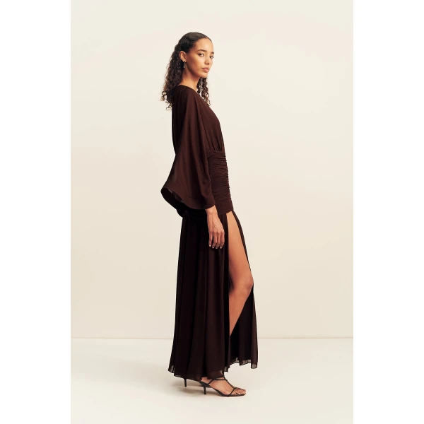 Shona Joy Amina Flared Sleeve Plunged Maxi Dress - Ristretto - Dresses - Australian Luxury Eventwear at Coveti