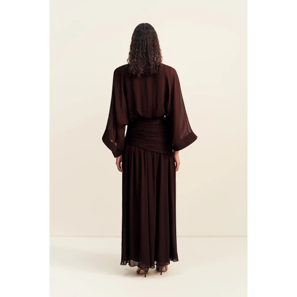 Shona Joy Amina Flared Sleeve Plunged Maxi Dress - Ristretto - Dresses - Australian Luxury Eventwear at Coveti
