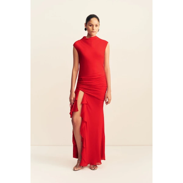 Shona Joy Amina High Neck Ruffle Maxi Dress - Chilli - Dresses - Australian Luxury Eventwear at Coveti