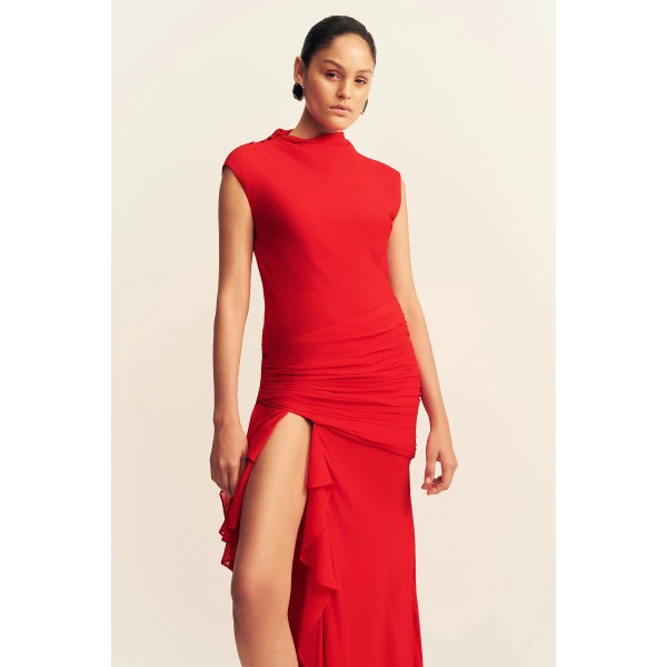 Shona Joy Amina High Neck Ruffle Maxi Dress - Chilli - Dresses - Australian Luxury Eventwear at Coveti