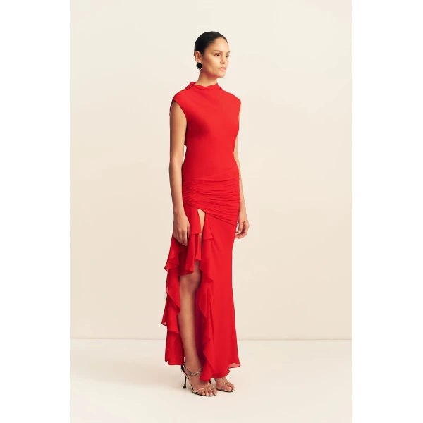 Shona Joy Amina High Neck Ruffle Maxi Dress - Chilli - Dresses - Australian Luxury Eventwear at Coveti