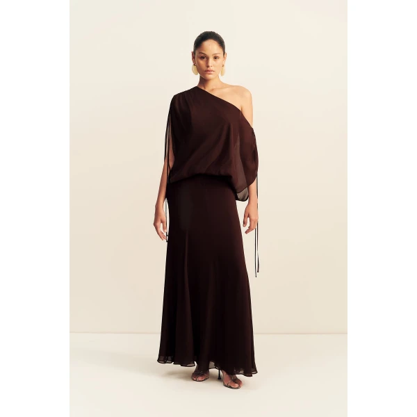 Shona Joy Amina Off Shoulder Blouson Maxi Dress - Ristretto - Dresses - Australian Luxury Eventwear at Coveti