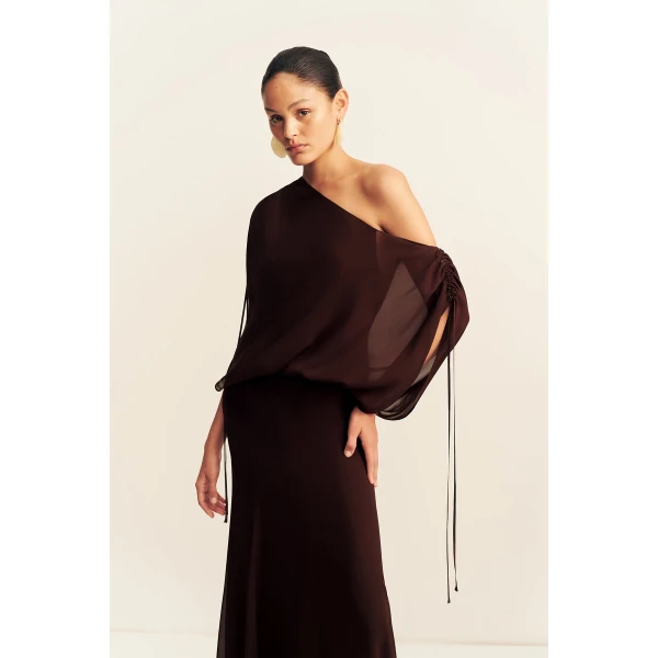 Shona Joy Amina Off Shoulder Blouson Maxi Dress - Ristretto - Dresses - Australian Luxury Eventwear at Coveti