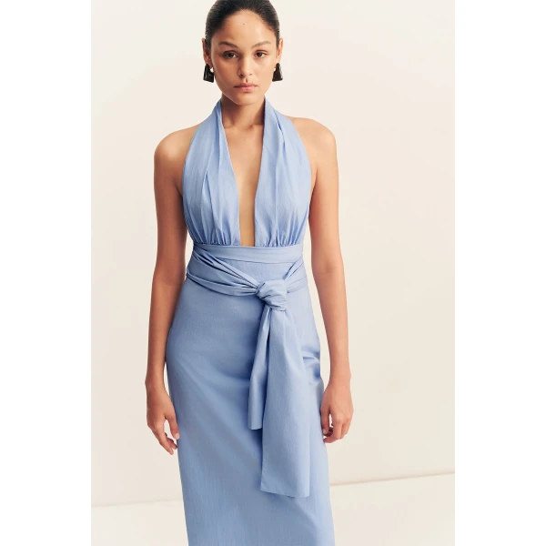 Shona Joy Campbell Halter Plunged Maxi Dress - Azurine - Dresses - Australian Luxury Eventwear at Coveti