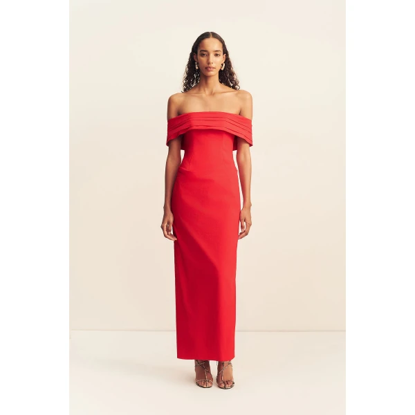 Shona Joy Campbell Off Shoulder Fitted Maxi Dress - Goji - Dresses - Australian Luxury Eventwear at Coveti