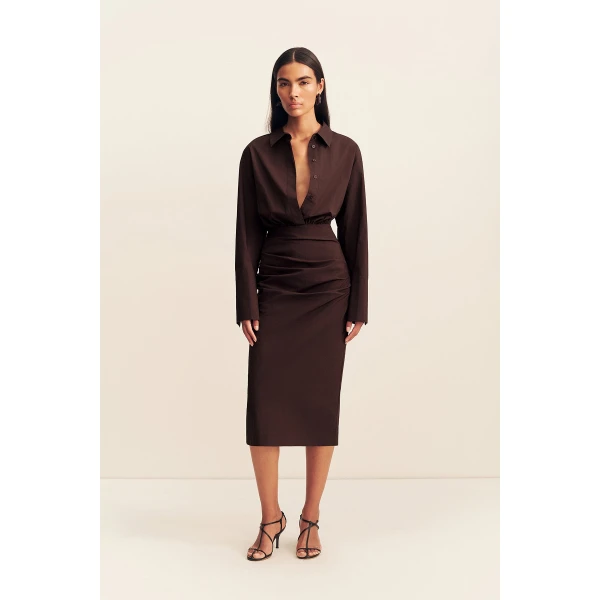 Shona Joy Campbell Shirt Fitted Midi Dress - Ristretto - Dresses - Australian Luxury Eventwear at Coveti