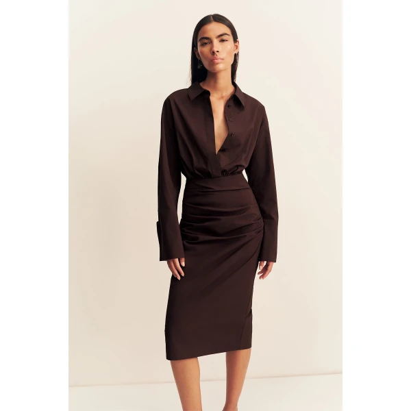 Shona Joy Campbell Shirt Fitted Midi Dress - Ristretto - Dresses - Australian Luxury Eventwear at Coveti