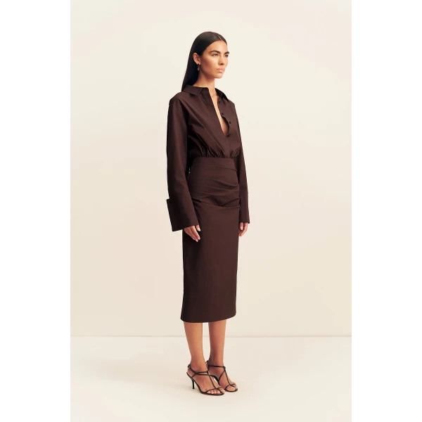 Shona Joy Campbell Shirt Fitted Midi Dress - Ristretto - Dresses - Australian Luxury Eventwear at Coveti