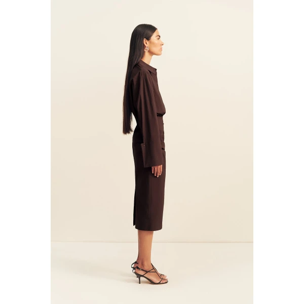 Shona Joy Campbell Shirt Fitted Midi Dress - Ristretto - Dresses - Australian Luxury Eventwear at Coveti