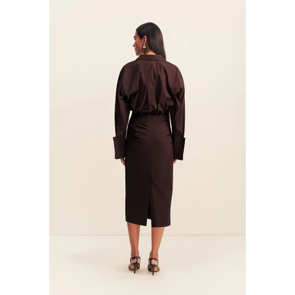 Shona Joy Campbell Shirt Fitted Midi Dress - Ristretto - Dresses - Australian Luxury Eventwear at Coveti