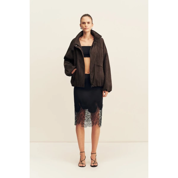 Shona Joy Ernest Funnel Neck Faux Suede Bomber Jacket - Cacao - Jackets - Australian Luxury Eventwear at Coveti
