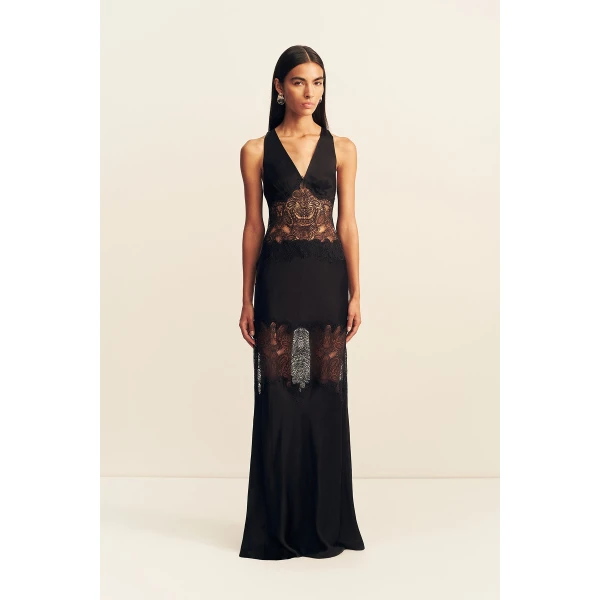 Shona Joy Jamila Plunged Lace Panelled Maxi Dress - Black - Dresses - Australian Luxury Eventwear at Coveti