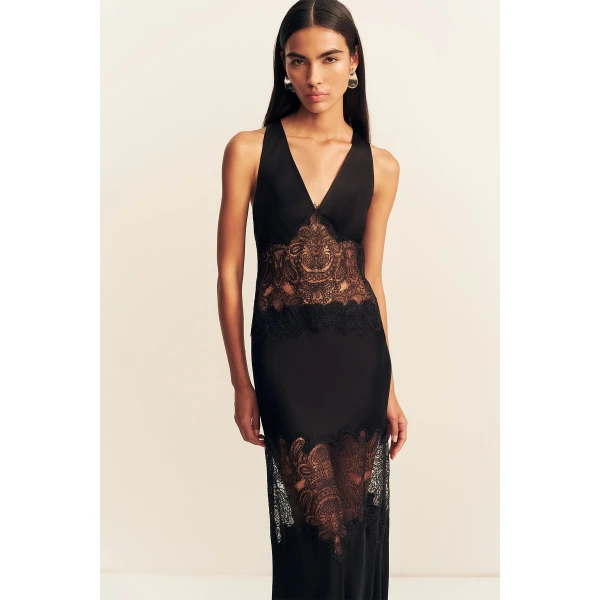 Shona Joy Jamila Plunged Lace Panelled Maxi Dress - Black - Dresses - Australian Luxury Eventwear at Coveti