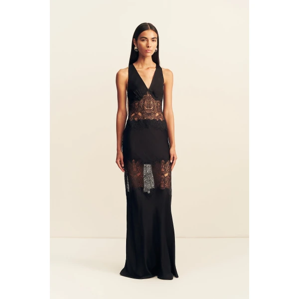 Shona Joy Jamila Plunged Lace Panelled Maxi Dress - Black - Dresses - Australian Luxury Eventwear at Coveti